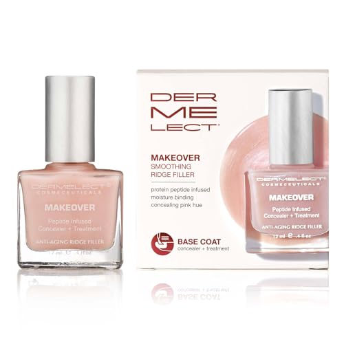 Dermelect Makeover Ridge Filler bottle highlights nourishing base coat for smoother nails.