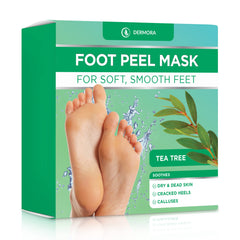 DERMORA Foot Peel Mask worn with socks-on for at-home exfoliation and softening.