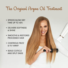 DermOrganic original argan oil leave-in bottle dispensing demonstrates easy, frizz-control application.