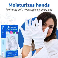 Dermrelief cotton gloves on nightstand ready for overnight moisture boost.