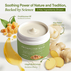Dersie Frankincense Balm ingredients scene emphasizes frankincense, ginger, lavender for skin hydration.