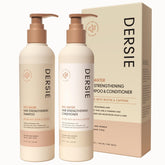 Dersie Rice Water Shampoo bottle pouring, showcasing a nourishing wash for stronger, shinier hair.