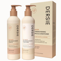 Dersie Rice Water Shampoo bottle pouring, showcasing a nourishing wash for stronger, shinier hair.