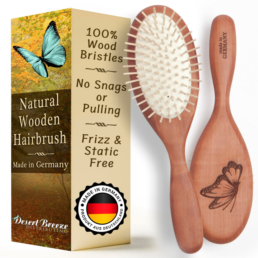 Desert Breeze Natural Wooden Hair Brush front view highlights ergonomic pear wood handle for comfortable daily brushing.
