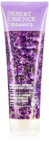 Desert Essence Bulgarian Lavender hand and body lotion bottle with soothing aromatherapy benefits.