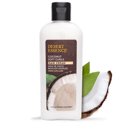 Desert Essence Coconut Soft Curls Cream bottle illustrating silicone-free hydration for defined curls.