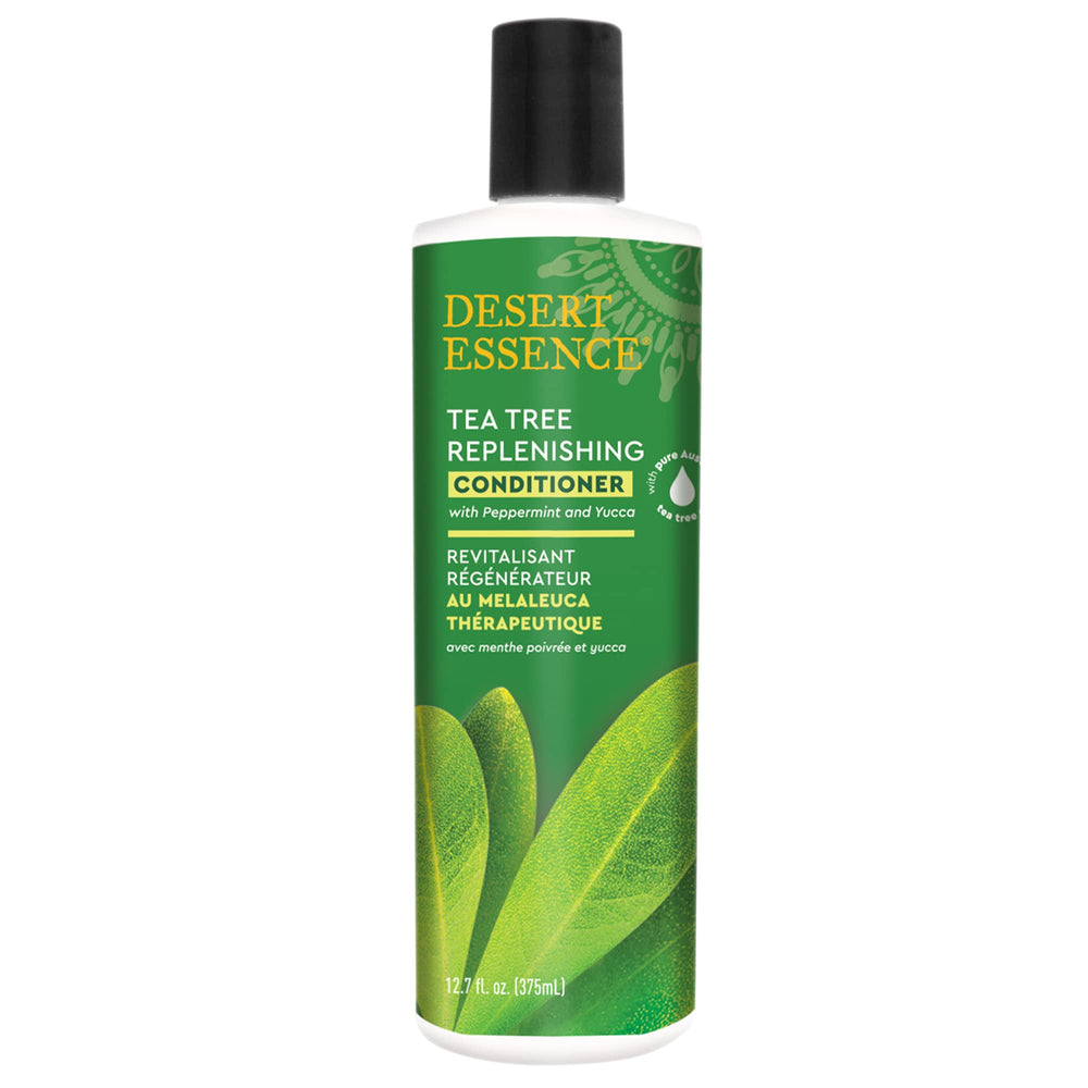 Desert Essence Tea Tree Eucalyptus conditioner bottle highlights scalp care and hydration