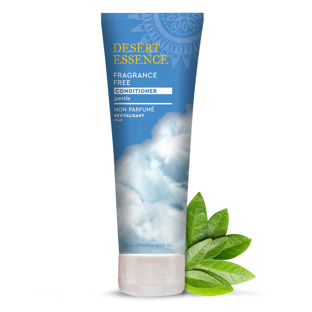 Desert Essence fragrance-free conditioner bottle shows lightweight moisture for smooth hair