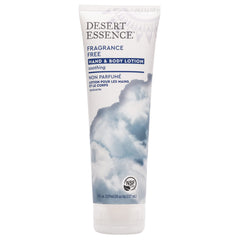Desert Essence fragrance-free hand & body lotion bottle shows fragrance-free hydration for sensitive skin