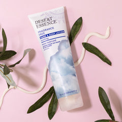 Desert Essence fragrance-free hand & body lotion closeup highlights creamy texture for smooth, non-greasy skin