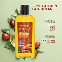 Desert Essence jojoba oil amber glass highlights premium cold-pressed formula.
