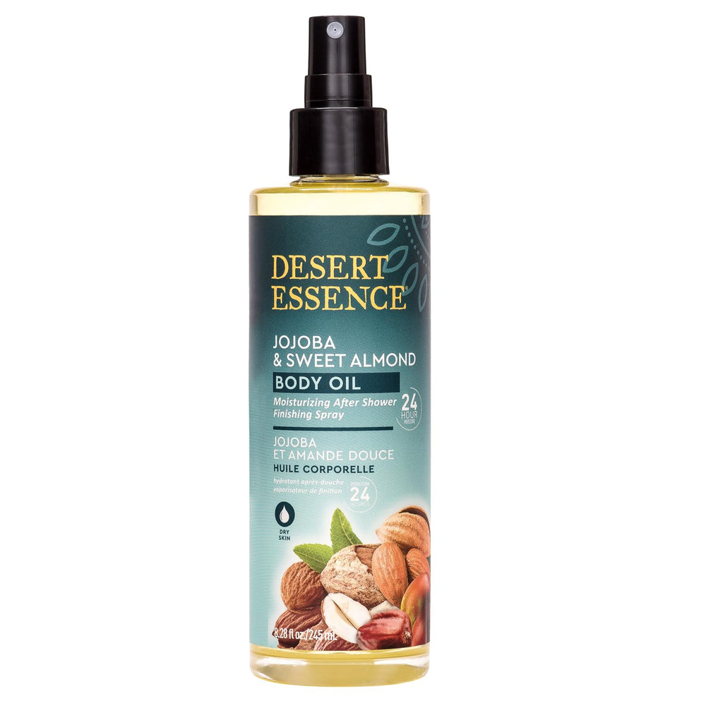 Desert Essence jojoba-sweet-almond body oil spray bottle for lightweight hydration