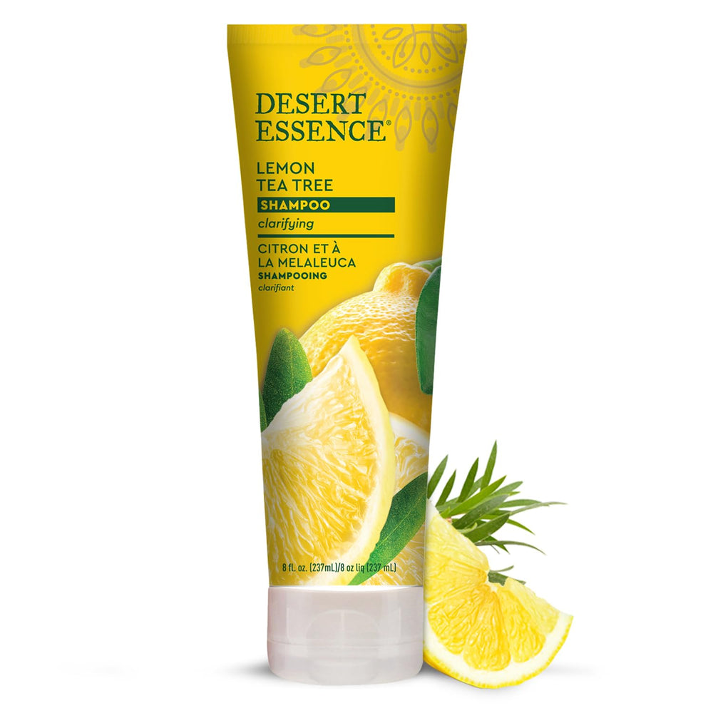 Desert Essence Lemon Tea Tree Shampoo bottle closeup - oil-control cleanse