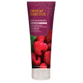 Desert Essence Red Raspberry Shampoo bottle highlights shine-enhancing formula.