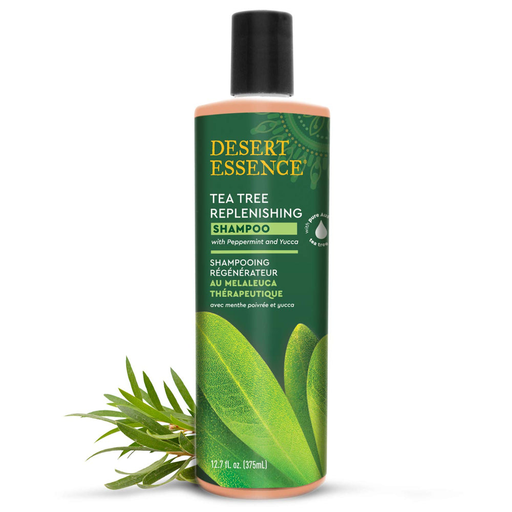 Desert Essence Tea Tree Oil Replenishing Shampoo bottle front for refreshing cleanse