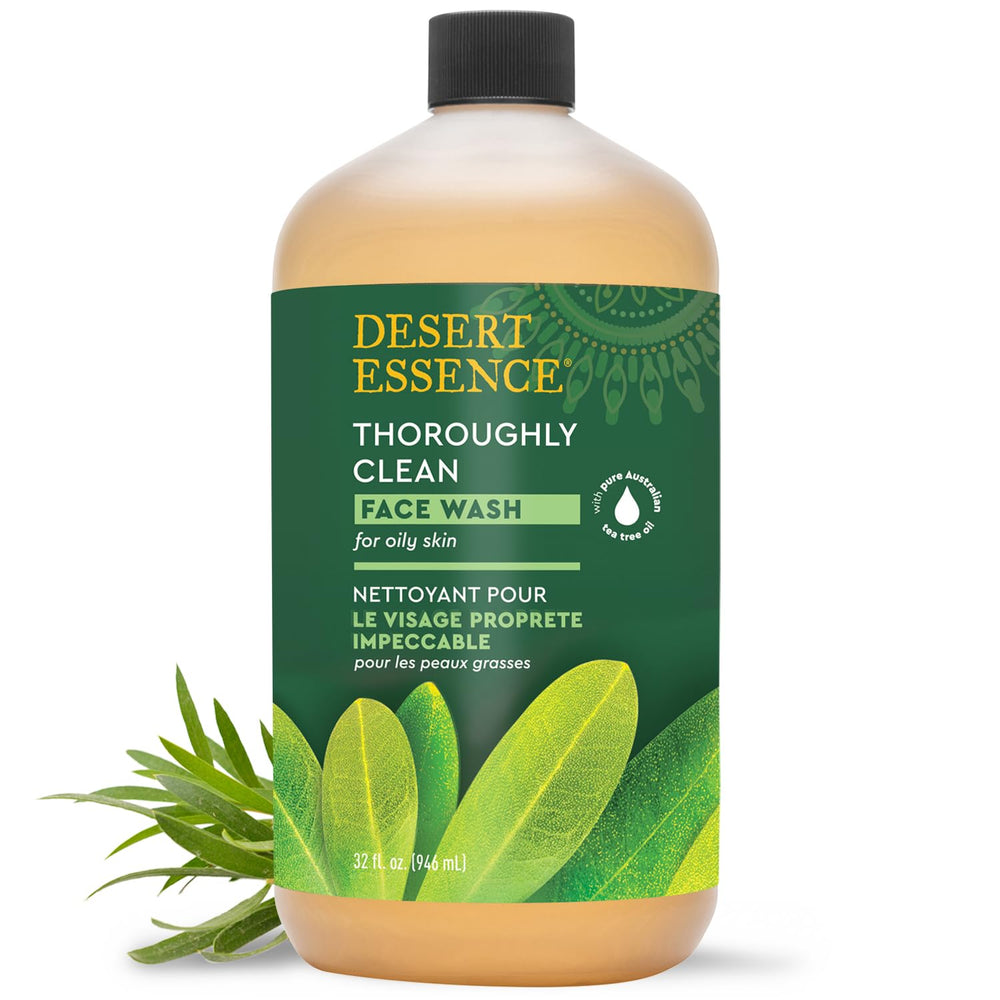 Desert Essence Thoroughly Clean Face Wash tea tree oil bottle pour for oil balance.
