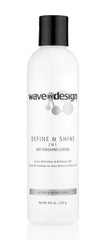 Design Essentials Define & Shine bottle pour demonstrates frizz control with a lightweight, shiny finish.