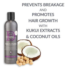 Design Essentials Kukui & Coconut Leave-In hair on styling desk—easy weekly use between shampoos