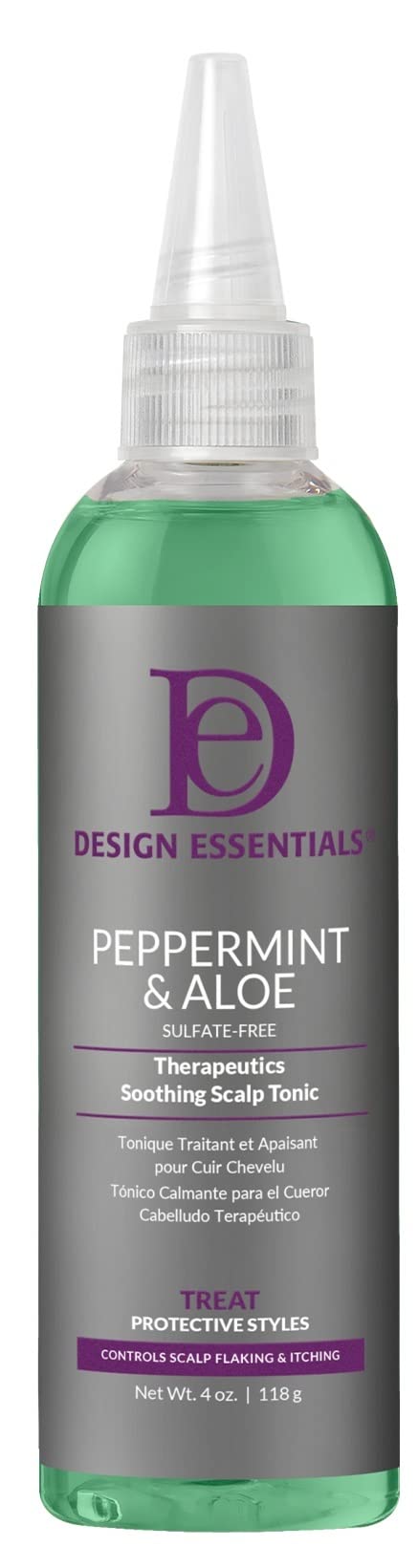 Design Essentials Peppermint & Aloe Scalp Tonic bottle offers refreshing cooling and scalp detox.
