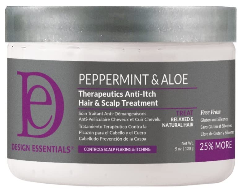 Design Essentials Peppermint & Aloe Therapeutics anti-itch bottle close-up highlighting cooling scalp relief.
