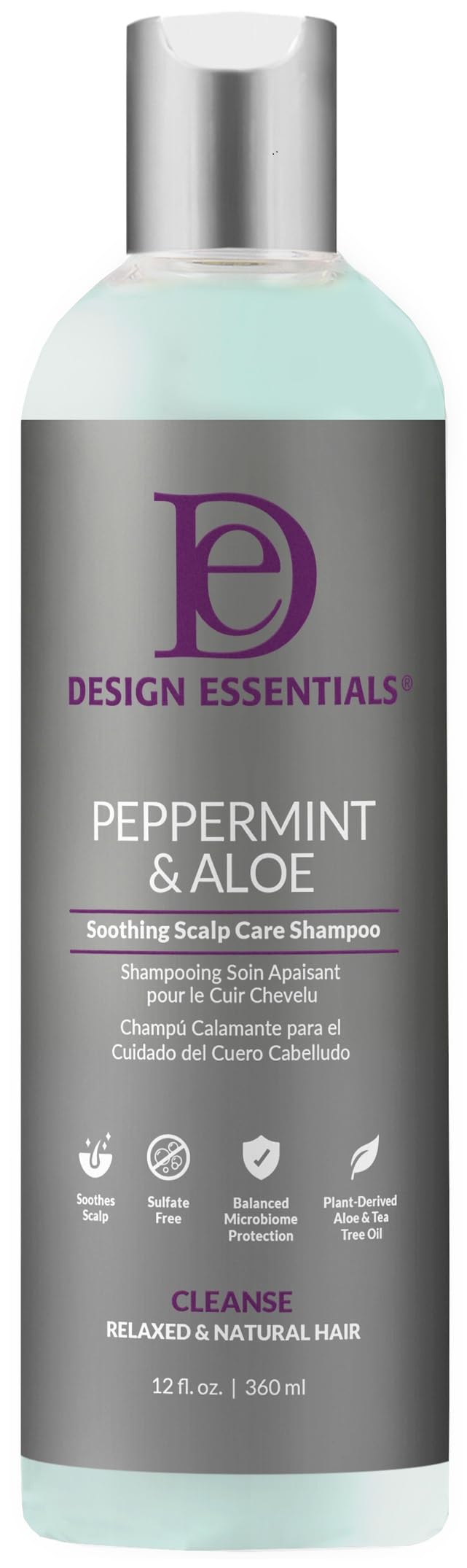 Design Essentials Peppermint & Aloe Therapeutics AntiItch Shampoo bottle provides soothing scalp relief.