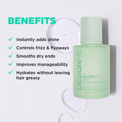 Close-up of GLOSS.ME bottle with clear serum texture for instant hydration.