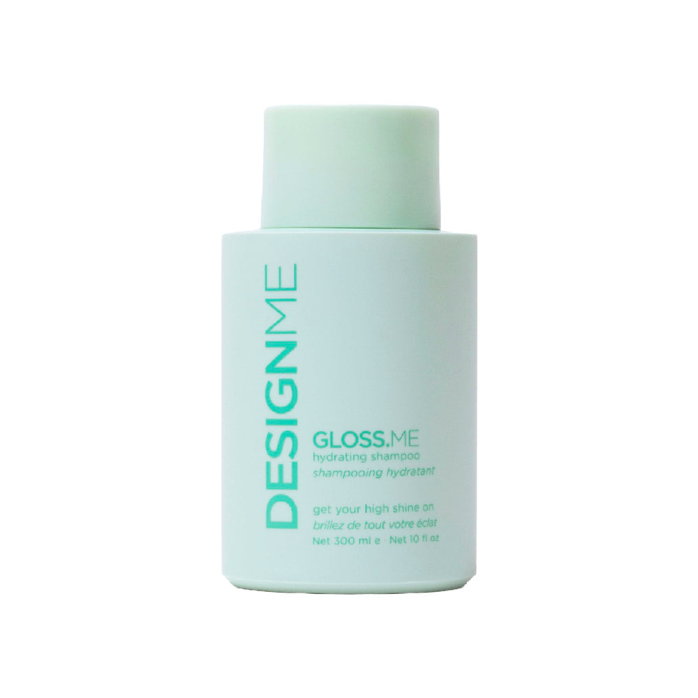 Design.Me GLOSS.ME hydrating shampoo bottle front highlights sulfate-free, color-safe hydration for dry hair.