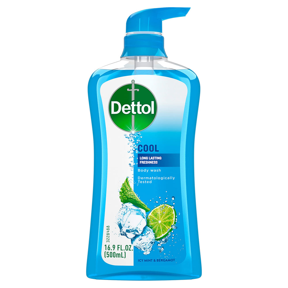 Dettol Cool Body Wash bottle front showcases a refreshing mint bergamot scent for daily freshness.