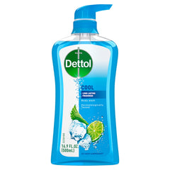Dettol Cool Body Wash bottle front showcases a refreshing mint bergamot scent for daily freshness.