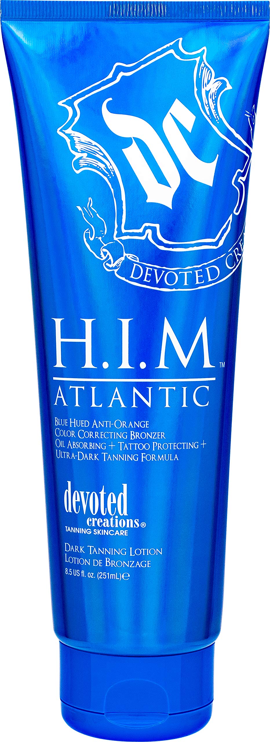 Devoted Creations HIM Atlantic tanning lotion bottle promoting blue-hued bronzing for even color.