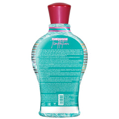 Devoted Creations Turquoise Temptation label close-up highlighting indoor/outdoor tanning versatility