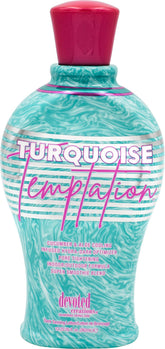 Devoted Creations Turquoise Temptation bottle close-up showing hydrating formula for a smooth tan