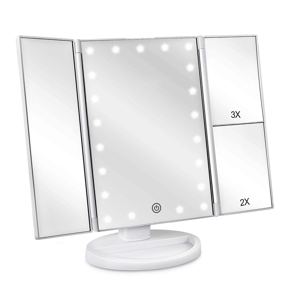 Deweisn floor-mount tri-fold LED makeup mirror front view for precise makeup in dim rooms