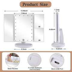 Deweisn floor-mount tri-fold LED makeup mirror side view with adjustable panels for angles