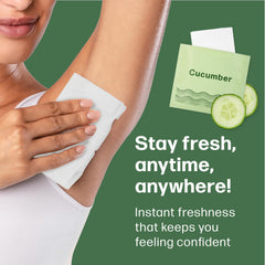 Dew Well Deodorant Wipes cucumber fragrance shown, offering a refreshing scent for quick refresh.