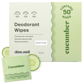 Dew Well Deodorant Wipes packaging highlights compact travel-ready design for on-the-go freshness.