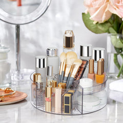 Dezzer 10-inch clear turntable on vanity shows contents at a glance for faster routines.