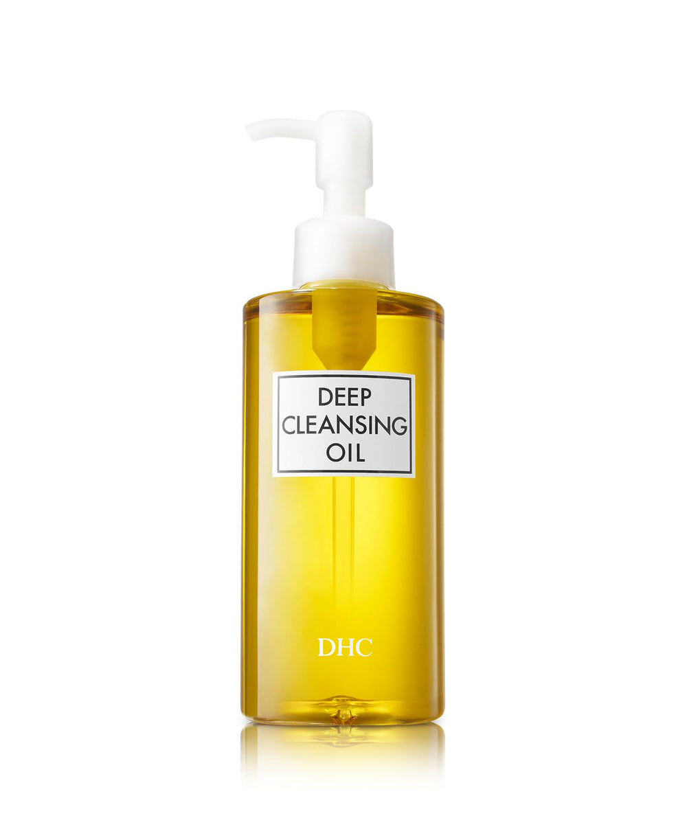 DHC Deep Cleansing Oil bottle demonstrates luxurious makeup removal and skin prep.