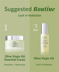 DHC Olive Virgin Oil Essential Cream ingredients bottle highlighting organic olive oil benefits.