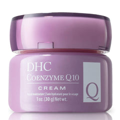 DHC Q10 Cream bottle closeup highlights nourishing formula for dry skin relief.