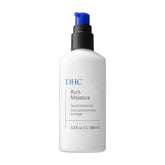 DHC Rich Moisture bottle top view highlights fragrance-free, lightweight hydration for dry skin.