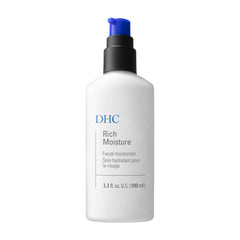 DHC Rich Moisture bottle top view highlights fragrance-free, lightweight hydration for dry skin.