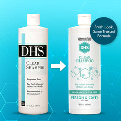 DHS Clear Shampoo unscented label close-up showing fragrance-free care.