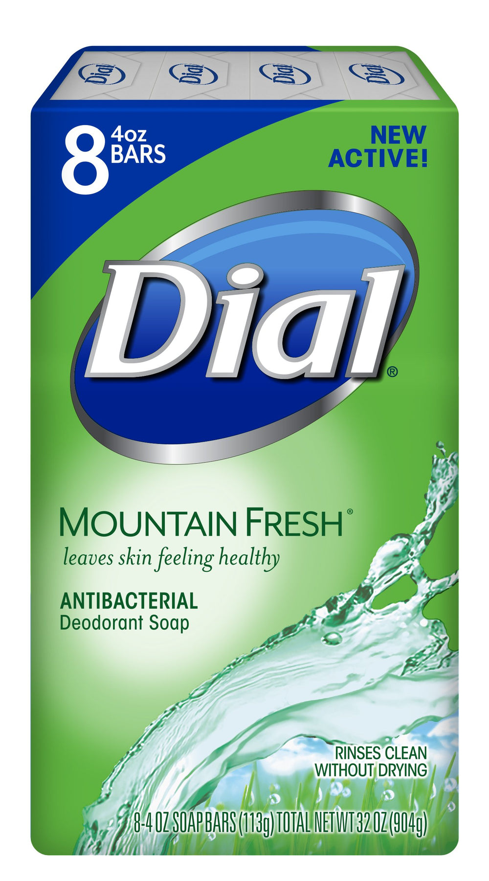 Dial antibacterial bar soap Mountain Fresh bar showing deep cleansing and fresh scent.