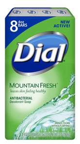 Dial antibacterial bar soap Mountain Fresh bar showing deep cleansing and fresh scent.