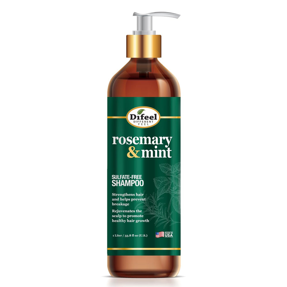 Difeel Rosemary Mint Shampoo bottle front view highlighting 33.8 oz size for easy at-home use.