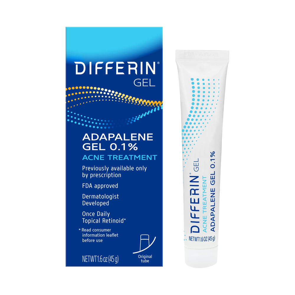 Differin front of tube showing product name and size, clear acne treatment benefit