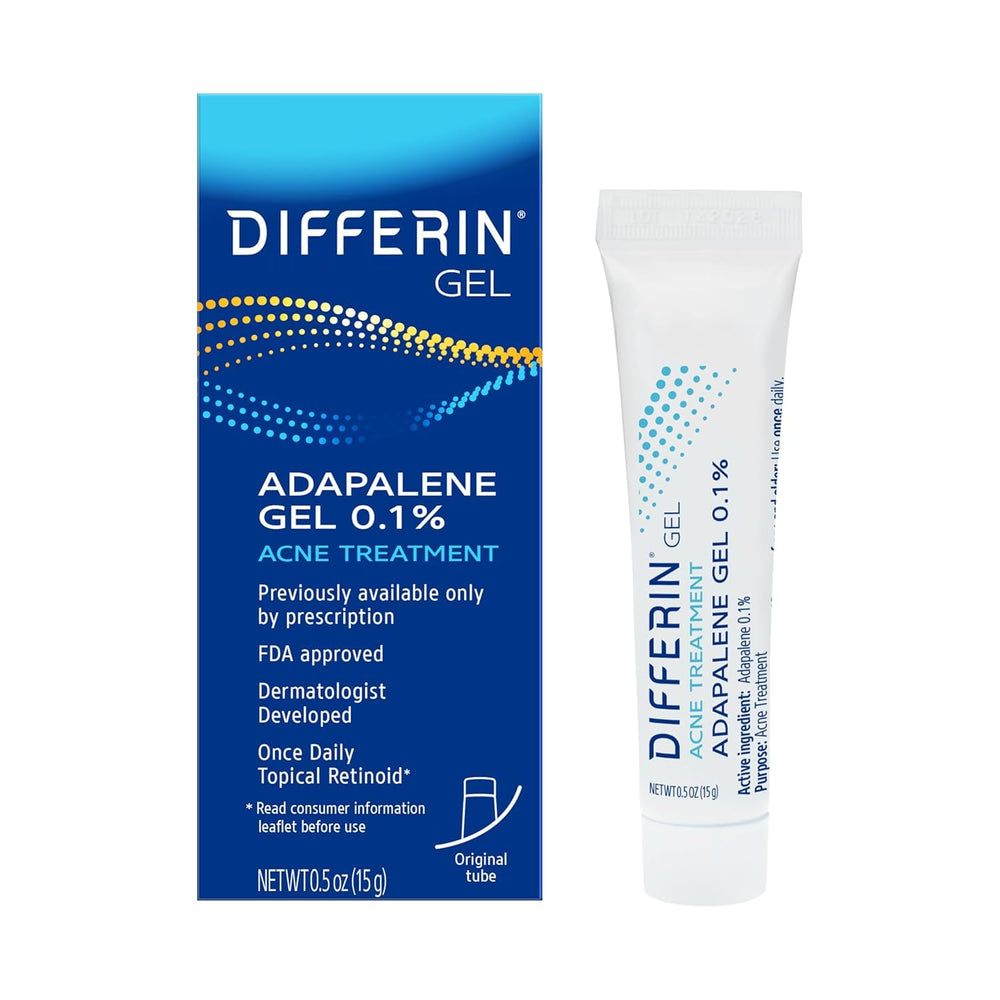 Differin front packaging 15g tube showing brand and size, clear benefit visible