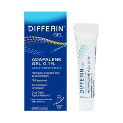 Differin front packaging 15g tube showing brand and size, clear benefit visible