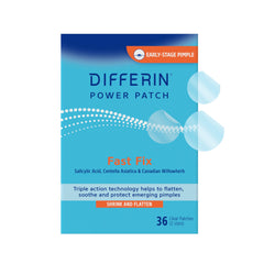 Differin box front packaging showing patches and branding for fast spot care